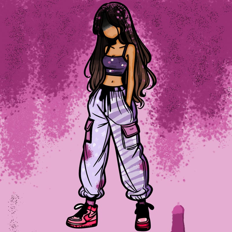 girl in baggy pants crop top and long hair