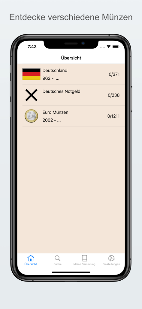 Münzen Datenbank - Übersichtsseite der Coin Database App mit Sammlungskategorien für deutsche und Euro-Münzen