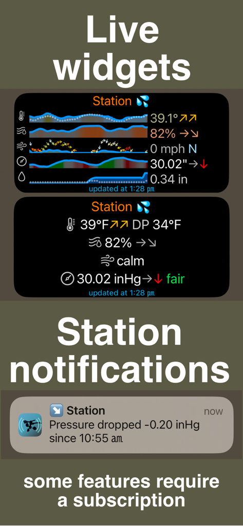 PWS weather station monitor - Screenshot of PWS Connect showing live weather station widgets and a barometric pressure notification.