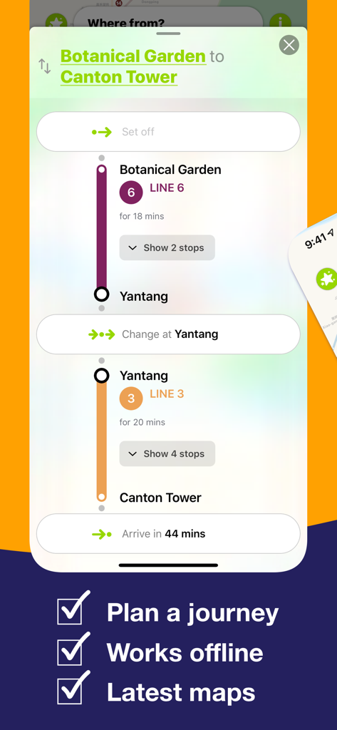 Guangzhou Metro Route planner - App Guangzhou Metro che visualizza un percorso dal Giardino Botanico alla Torre di Canton
