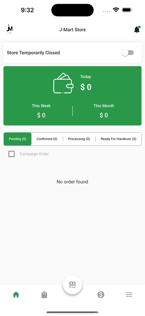 J-Mart Store - Panel de control de Tienda J-Mart que muestra un resumen de las ganancias del negocio y las pestañas de estado de los pedidos