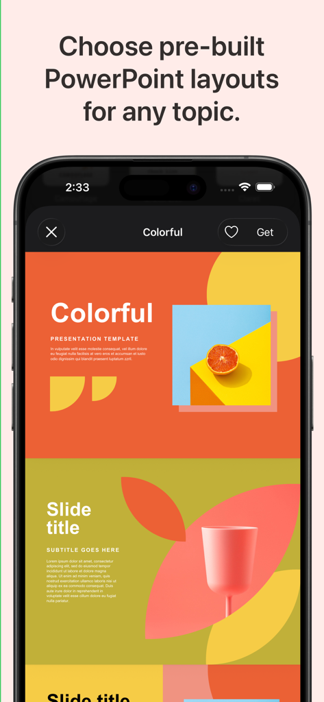 도구 앱의 다채로운 사전 제작 PowerPoint 슬라이드 레이아웃을 보여주는 iPhone 화면