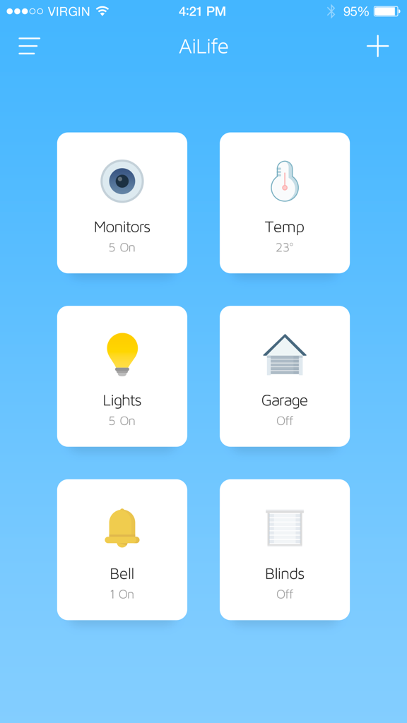 AI Life - Main dashboard of the AI Life app showing smart home controls for monitors temperature lights garage bell and blinds