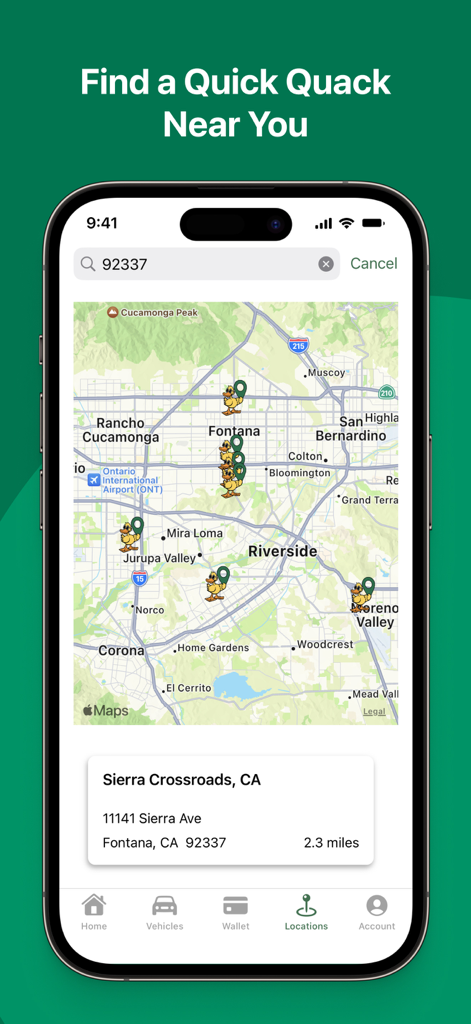 myQQ – Quick Quack - Vista de mapa de las ubicaciones de Quick Quack Car Wash en la aplicación myQQ