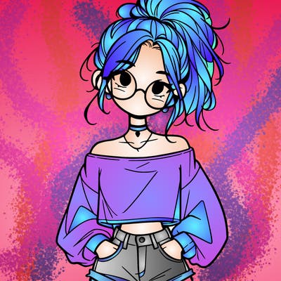 girl with a messy ponytail glasses a baggy crop top and jean shorts