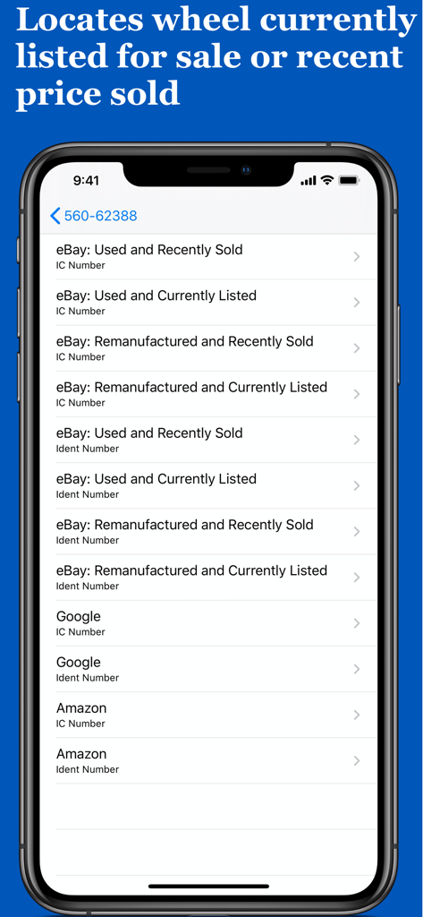 WheelSpotter - Interface de l'application WheelSpotter affichant des liens de recherche externes pour les prix actuels et vendus des roues sur eBay, Google et Amazon