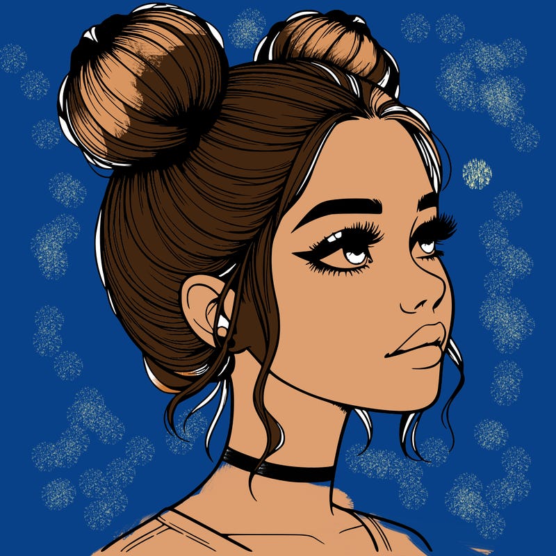 realistic girl with buns on the top of her head
