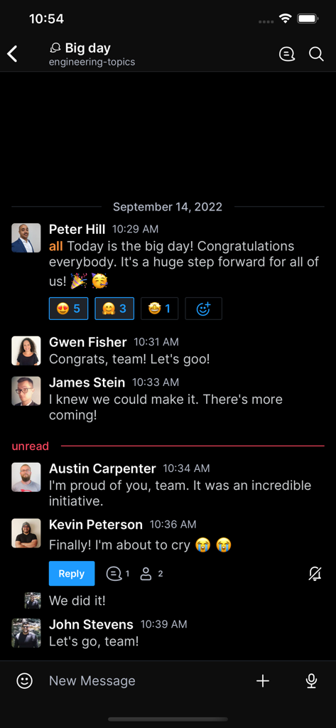 Rocket.Chat mobile app showing an engineering team group chat with messages and emoji reactions in dark mode.