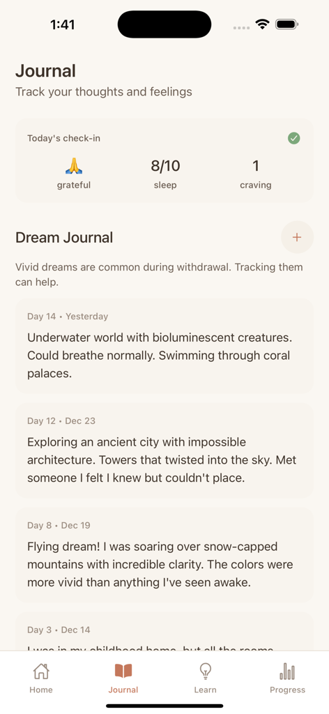 Quit Weed Tracker - Unfogged - Der Traumtagebuch- und tägliche Check-in-Bildschirm der Unfogged App mit lebhaften Traumberichten und Schlafqualitätsverfolgung.