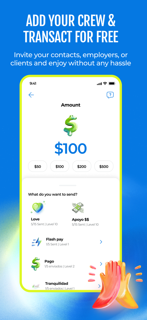 Pana app interface for sending money with options like Love and Apoyo for free.