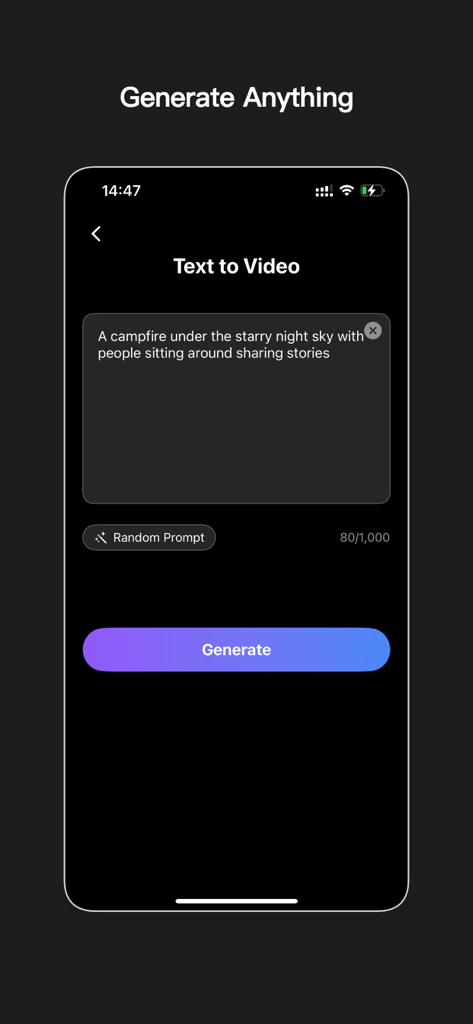Handy-Bildschirm der Remake AI App, der die Text-zu-Video-Funktion mit einem Generieren-Button zeigt