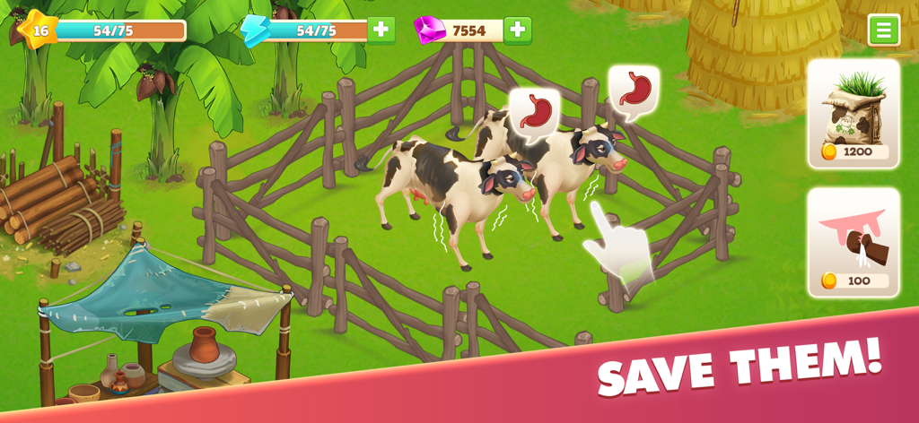 Family Journey: Island Life - Feeding hungry cows in the Family Journey Island Life simulation game.