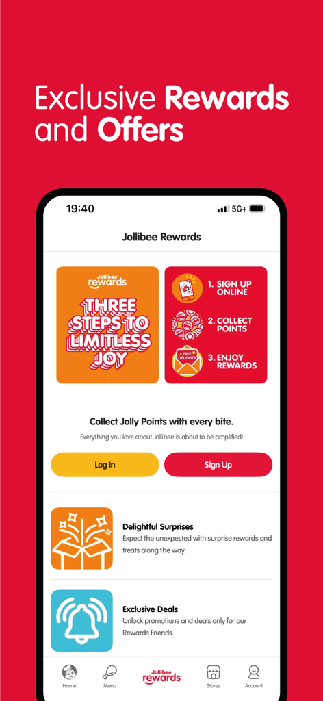 Jollibee - Order & Rewards - Pantalla de recompensas de la app móvil de Jollibee mostrando ofertas exclusivas y los pasos para acumular Jolly Points.