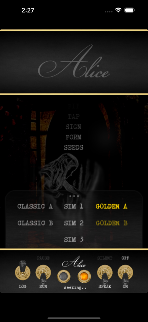 Alice Box app interface showing paranormal word lists and vintage-style toggle switches for ghost hunting