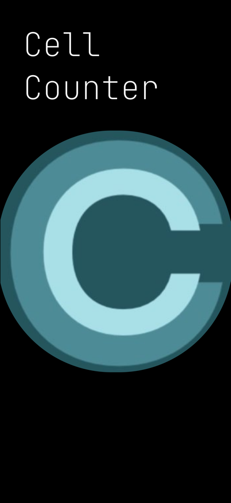 Cell Counter App - Splash screen for the Cell Counter app featuring a teal circular C logo on a black background