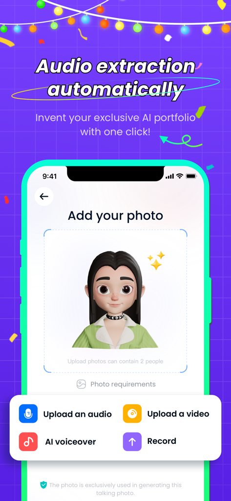 DupDub Lab - Talking Photos - Interface do aplicativo DupDub Lab mostrando opções para adicionar uma foto e selecionar fontes de áudio, como narração de IA ou upload de vídeo, para criar fotos falantes.