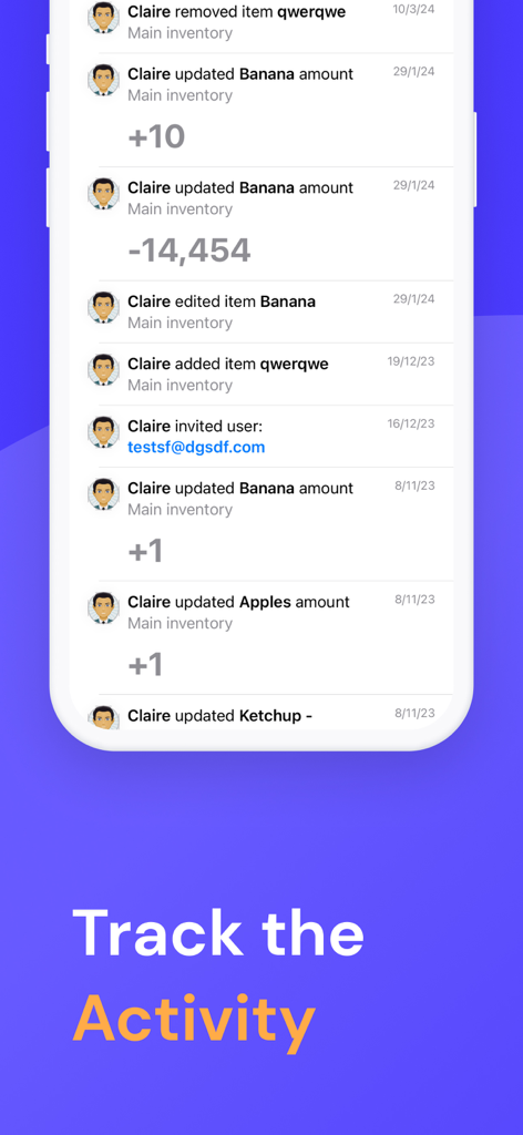 Inventory Manager & Scanner - Screenshot der Naventy-App, der ein Echtzeit-Aktivitätsprotokoll von Bestandsaktualisierungen und Aktionen von Teammitgliedern zeigt