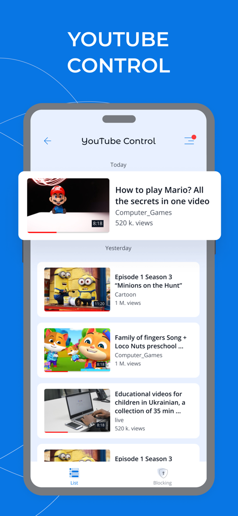 Una pantalla de teléfono inteligente que muestra la función de monitoreo de YouTube de la aplicación de control parental Kroha, mostrando una lista de videos vistos por un niño