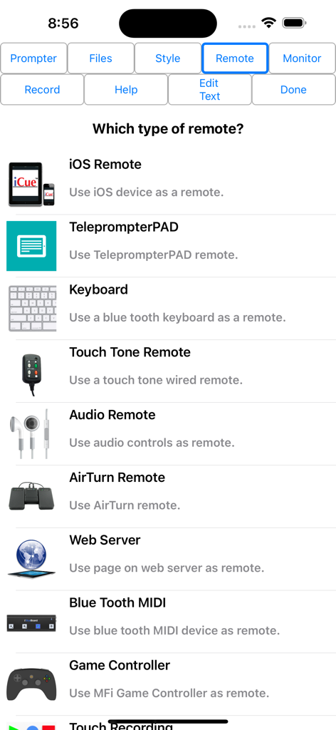 iCue - Una lista de opciones de control remoto en la aplicación teleprompter iCue, incluido el teclado remoto de iOS y el controlador de juegos