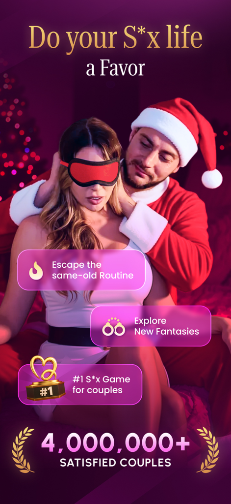 Werbung für das Scratch Adventure Sexspiel, die ein Paar in festlicher Atmosphäre zeigt, mit Hervorhebungen auf dem Entkommen aus der Routine und dem Erkunden von Fantasien.