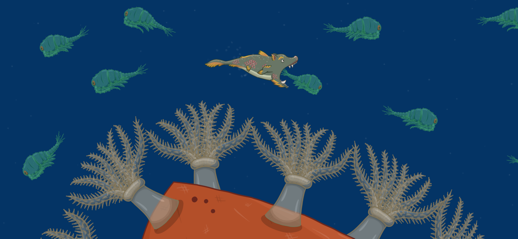 Tasty Planet: Final Bite - A small fish-like creature eating tiny green sea creatures underwater.