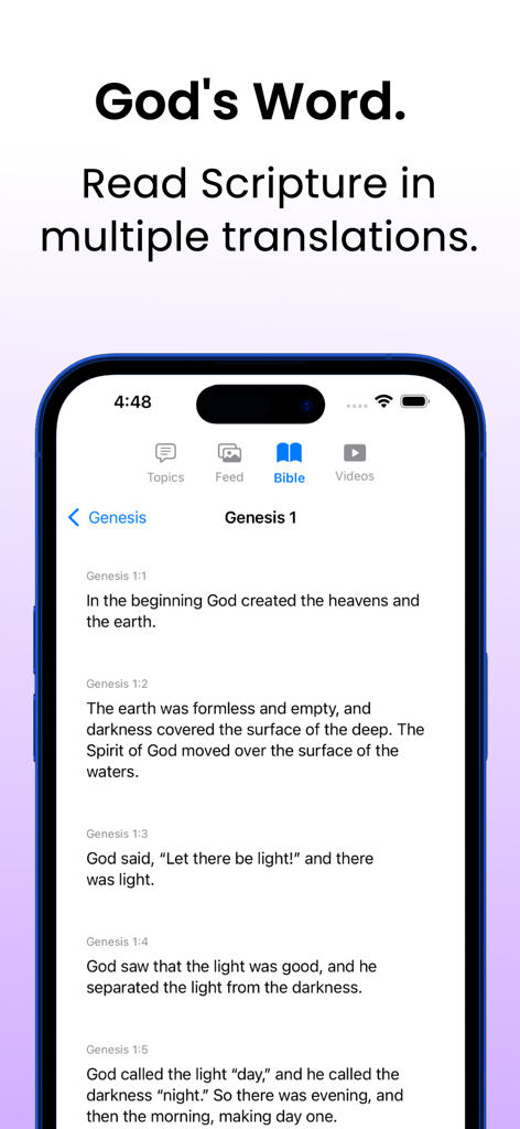 Genesis: Bible Chat - Uma tela de aplicativo de celular mostrando versículos de Gênesis 1 com o texto Palavra de Deus Leia as Escrituras em múltiplas traduções.