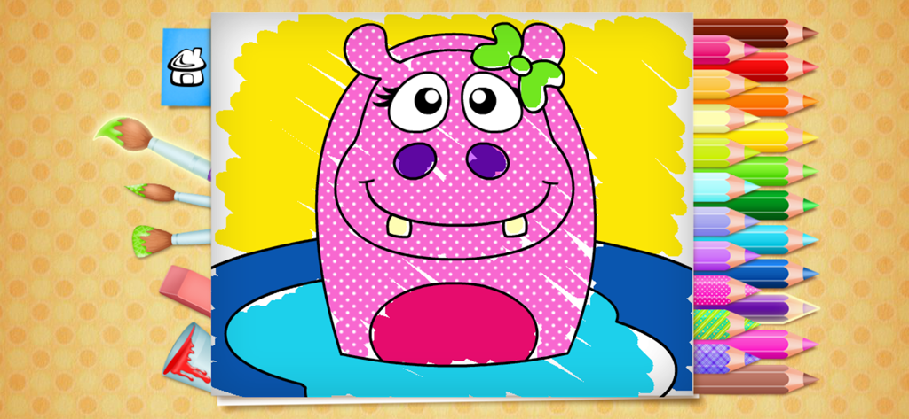 Coloring Book - Fun games - Una página para colorear de un hipopótamo rosa en una aplicación de dibujo digital para niños con varios lápices de colores y pinceles.