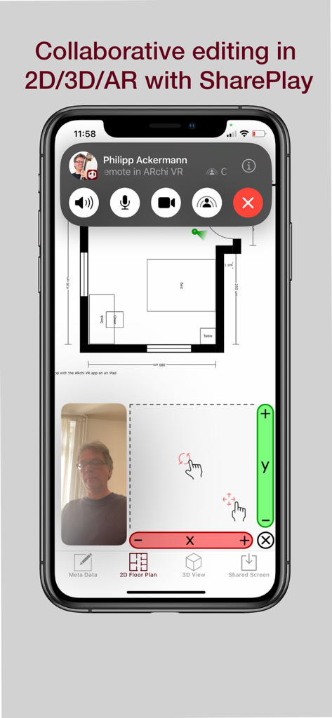 ARchi VR - Create & Browse AR - iPhone screen showing a collaborative 2D floor plan editing session in ARchi VR via SharePlay with a video call overlay