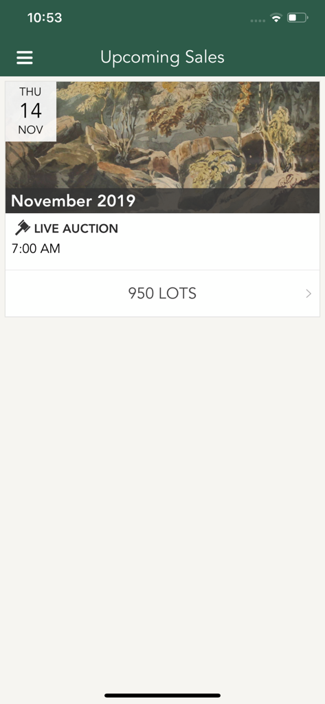 Upcoming live auction sales listing in the Herman's mobile app showing a fine art painting and the number of lots available