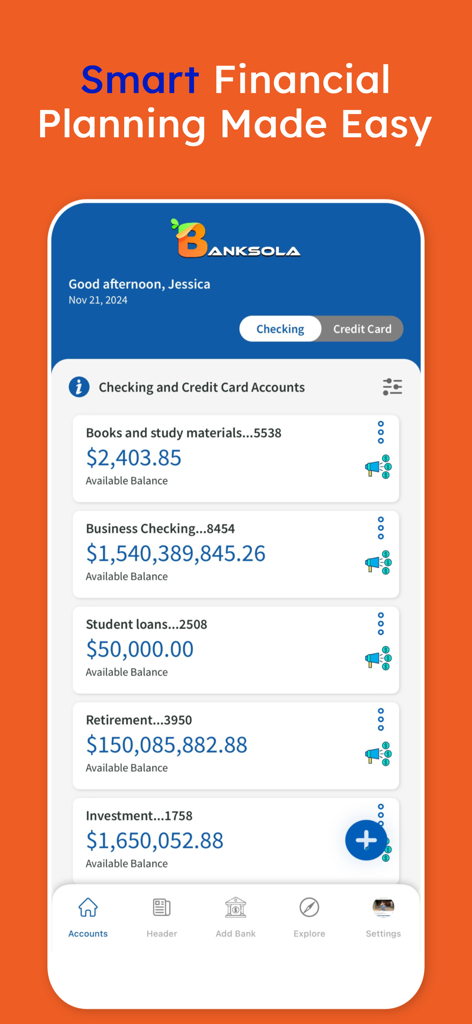 Banksola: Budget Planner - Panel de la aplicación Banksola que muestra una lista de saldos de cuentas corrientes y de tarjetas de crédito
