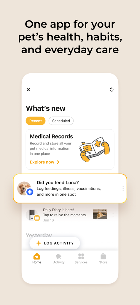 Petcube - Petcube mobile app interface showing pet health tracking features like medical records and feeding logs