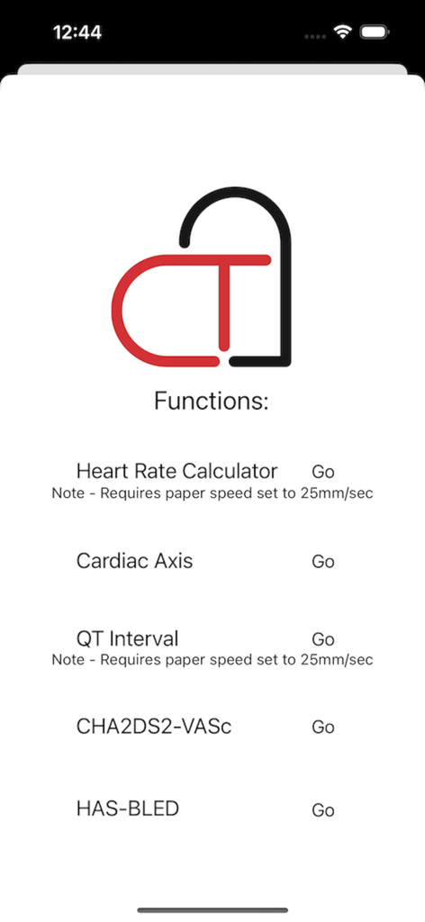 The Cardiac Calculator - Main menu of The Cardiac Calculator app showing options for Heart Rate Calculator Cardiac Axis QT Interval and clinical risk scores