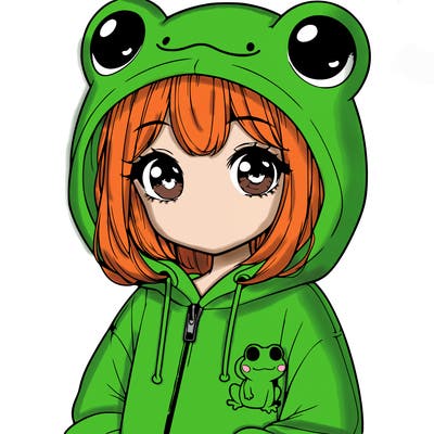 cute realistic girl in a froggy hoodie