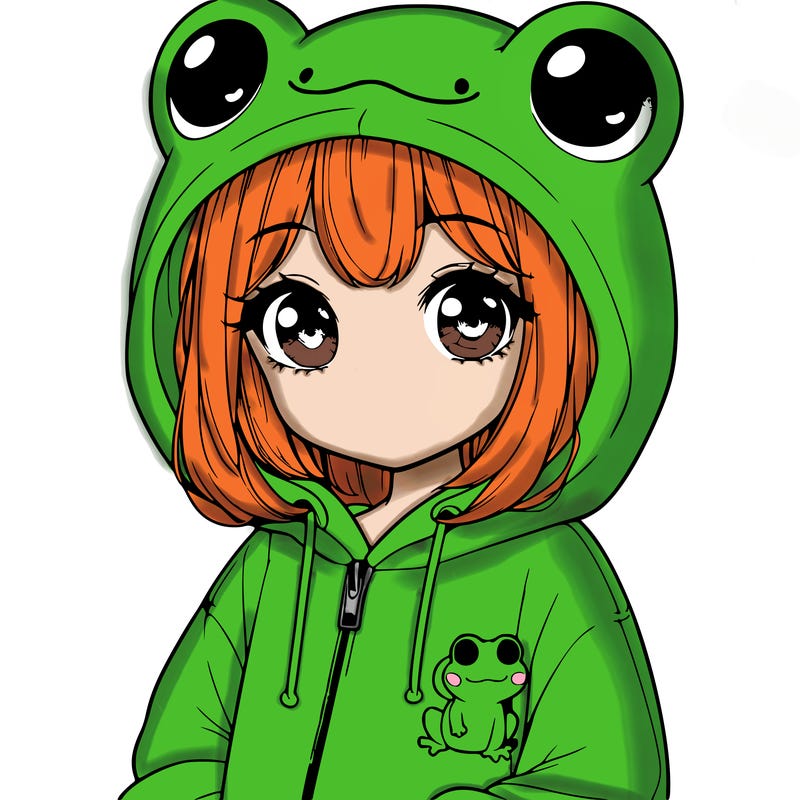 cute realistic girl in a froggy hoodie