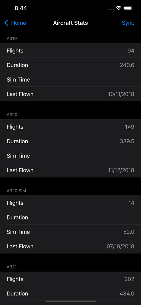 Aircraft statistics summary in Logbook Pro showing flight and simulator hours