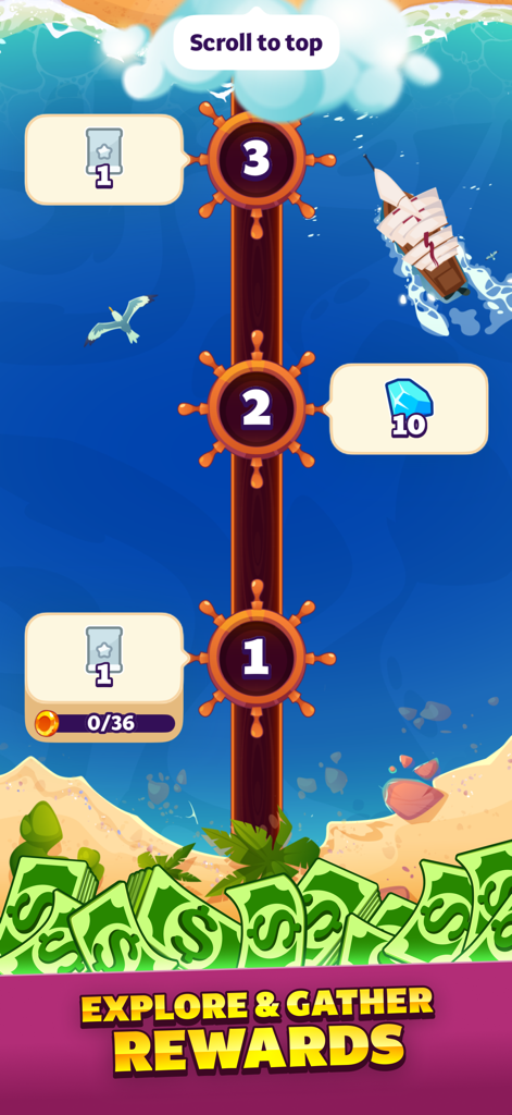 Tile Match - Win Cash - A nautical-themed game level progression screen showing steering wheels, diamonds, and cash rewards.
