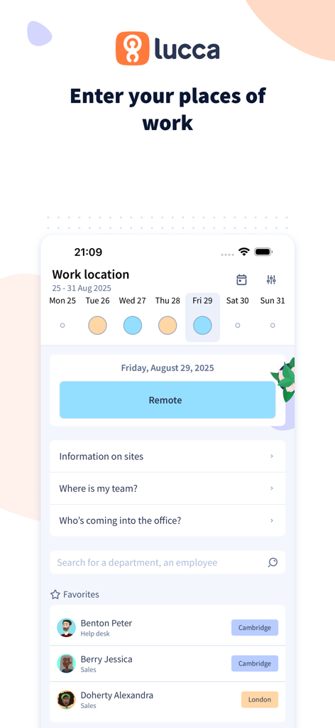 Interface do aplicativo Lucca HR para agendar dias de trabalho remoto e no escritório com uma visão geral da localização da equipe