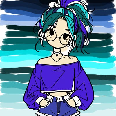 girl with a messy ponytail glasses a baggy crop top and jean shorts