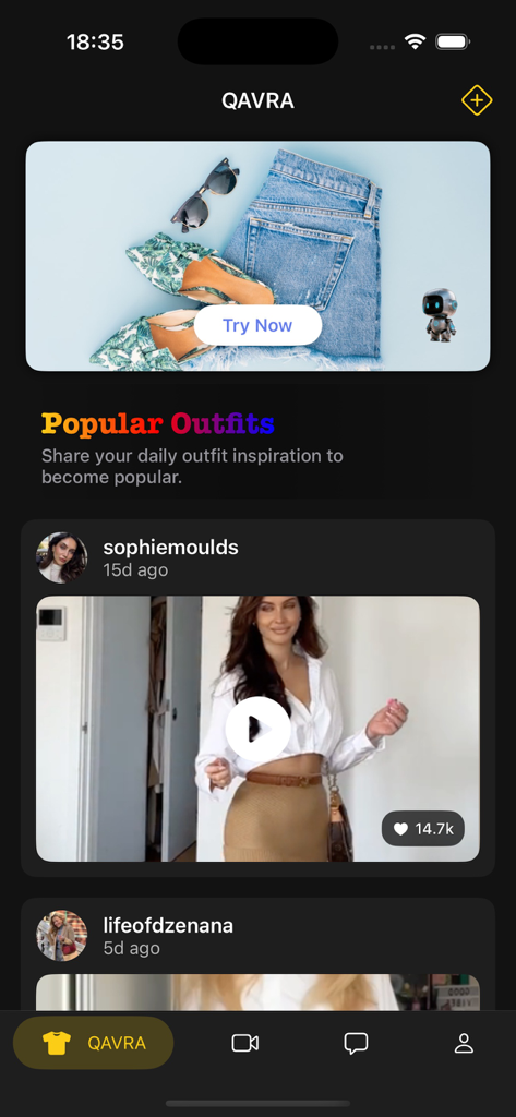 Qavra - Qavra app interface showing popular fashion outfits and a social feed with influencer videos.