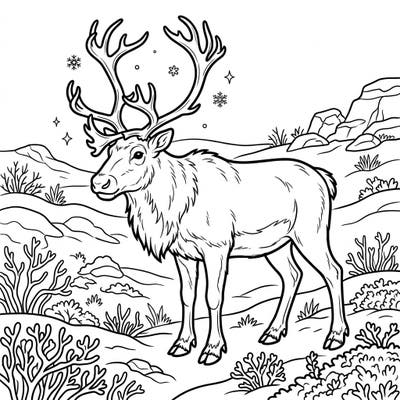 Discover the wild beauty of the Arctic with this intricate Tundra Reindeer coloring page. Perfect for nature lovers, this design invites you to explore the serene world of these majestic creatures.