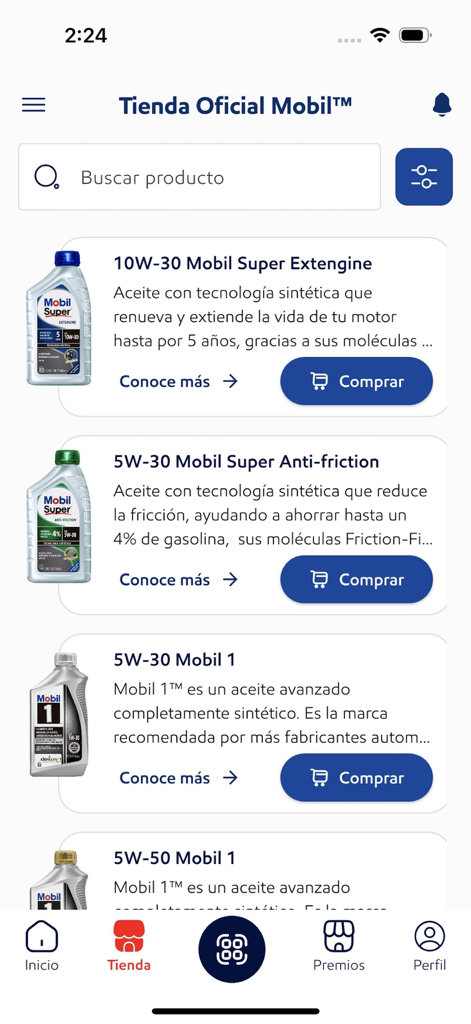 Interfaccia dell'Official Store dell'App Mobil che mostra vari prodotti di olio motore in vendita