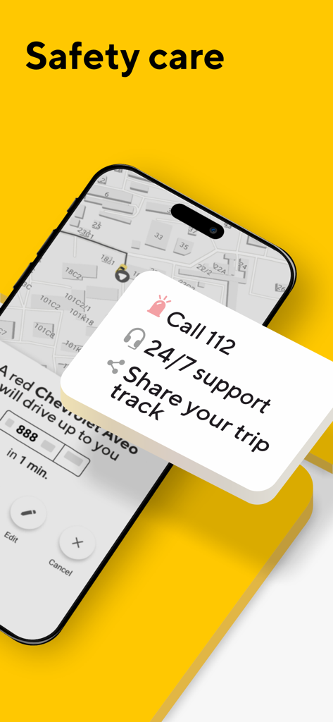 Omega: taxi service - Pantalla de cuidado de seguridad de la aplicación Omega taxi que muestra llamada de emergencia 112, soporte 24/7 y opciones para compartir el viaje.