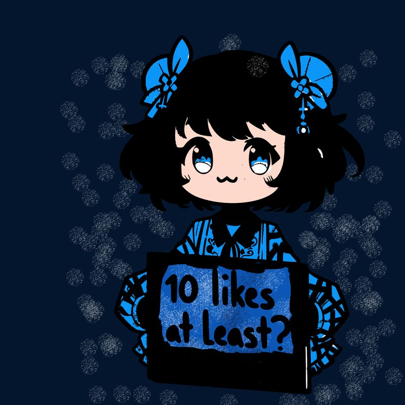 a cute anime girl holding a sign that says,” 10 likes at least?