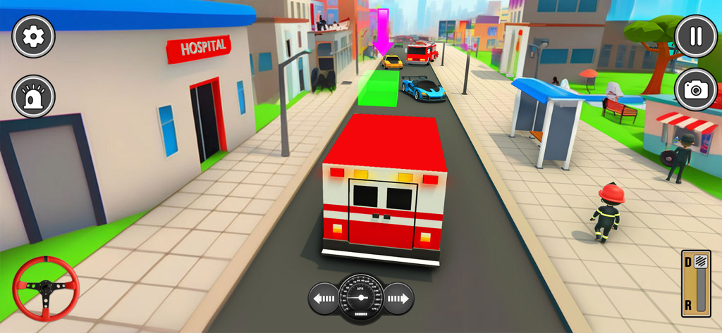 Dream Vehicle Car Driving Game - Vista en tercera persona de una ambulancia circulando por una calle de la ciudad hacia un hospital en un juego de simulación de coches