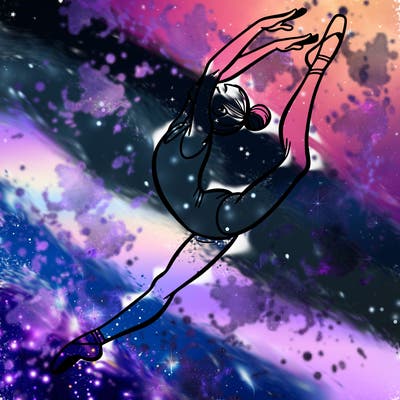 gymnast doing a leap in a leotard with a bent back leg