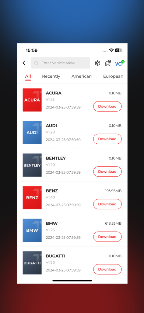 TopGuru app displaying a list of car brands with options to download diagnostic software.