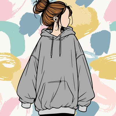 realistic girl with a oversized sweatshirt on and a bun