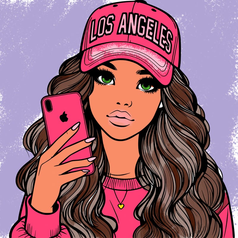 realistic beautiful girl wearing los ángeles cap holding an iphone