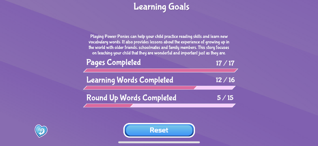Dashboard showing educational progress tracking and learning goals for the My Little Pony app.