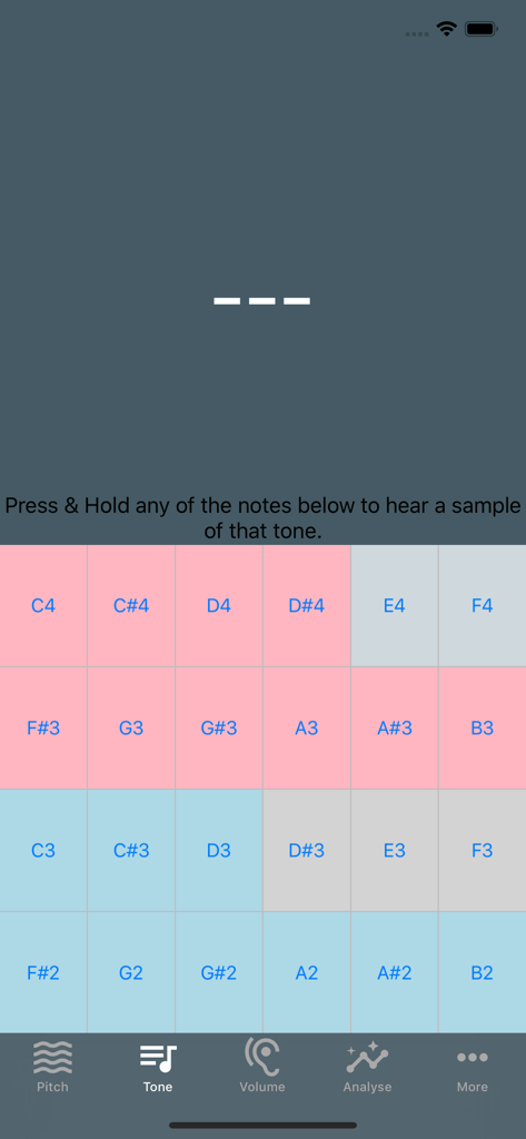 Voice Tools - A grid of color-coded musical note buttons in the Voice Tools app used for pitch matching and voice therapy.
